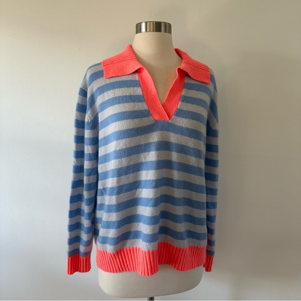 Jumper 1234 100% Cashmere Sweater, Blue Stripes with Neon Collar